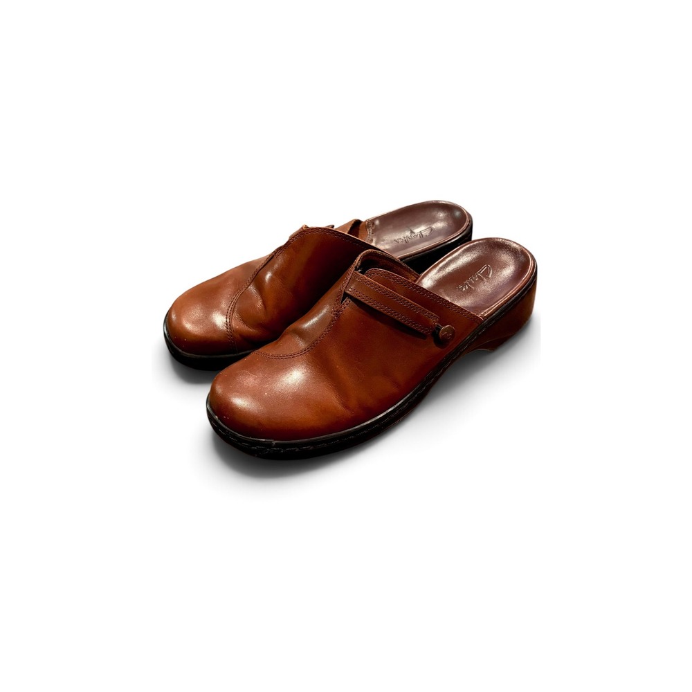 Y2K Clarks Leather Mules Women 8.5 Brown Low Wedge Slip On Comfort Clogs - Picture 2 of 7